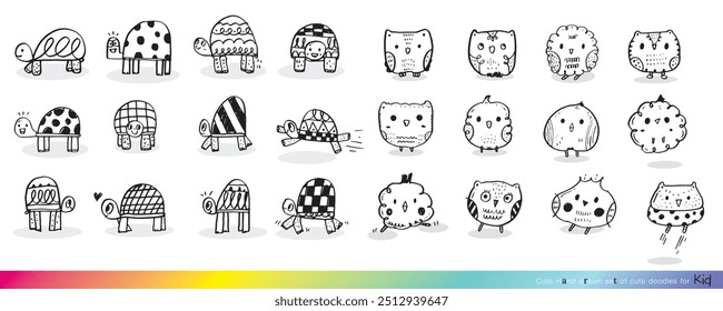 Hand drawing doodle cute tortoise ,Cute tortoise  in simple cartoon style,Set of doodle cartoon owls with various emotions,Various Cute Owl Doodle Collection ,hand drawn,Cute animal