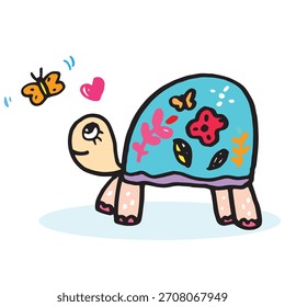 Desenho de mão rabiscar tartaruga bonito, Tartaruga bonito em estilo de desenho animado simples, animal bonito, Tartaruga bonito