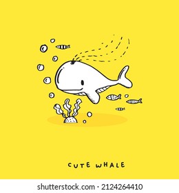 Hand drawing doodle cute whale vector illustration for t-shirt ,card, poster design for kids. Vector illustration design for fashion fabrics, textile graphics, prints, Cute whale cartoon