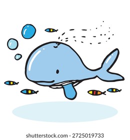 Handzeichnung doodle niedlichen Wal Vektorgrafik für T-Shirt , Karte, Plakat-Design für Kinder. Vektorgrafik-Design für Modestoffe, Textilgrafiken, Prints, Niedlicher Wal-Cartoon
