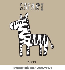 Hand drawing doodle cute zebra vector illustration for t-shirt ,card, poster design for kids. Vector illustration design for fashion fabrics, textile graphics, prints, Cute zebra cartoon