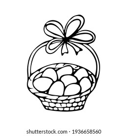 
hand drawing doodle eggs in basket with bow. vector black illustration on white background