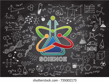 Hand drawing Doodle element of Science theme items, objects and symbols on chalkboard wall