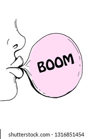Hand drawing doodle face profile. The girl inflates a ball of chewing gum. Inscription boom