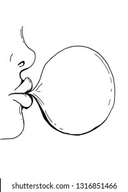 Hand Drawing Doodle Face Profile. The Girl Inflates A Ball Of Chewing Gum.