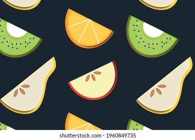 Hand drawing doodle, flat  exotic fruit. Orange, kiwi, apple, pear. Isolated pattern illustration.	