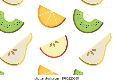 Doodle de dibujo a mano, fruta exótica plana. Naranja, kiwi, manzana, pera. Ilustración aislada de patrones.