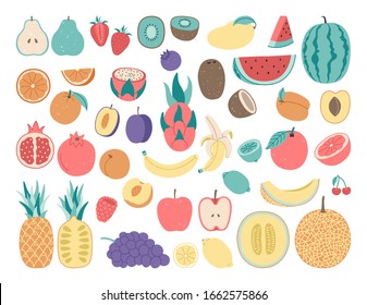 Hand drawing doodle, flat fruit. Citrus, apple, watermelon. orange, lime, coconut, banana, garnet. Isolated set illustration. Vegetarian food, vitamin. 