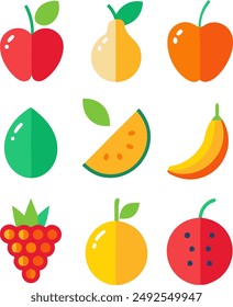 Hand drawing doodle, flat fruit. Citrus, apple, watermelon. orange, lime, coconut, banana, garnet. Isolated set illustration. Vegetarian food, vitamin. 