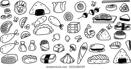 Hand drawing of doodle food set isolated on white background.