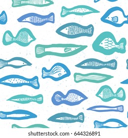 Hand drawing doodle graphic blue and green fish seamless background 