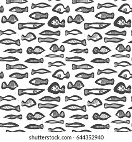 Hand drawing doodle graphic ink fish seamless background set