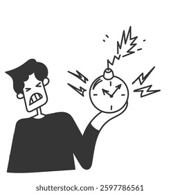hand drawing doodle hand holding clock bomb explosion