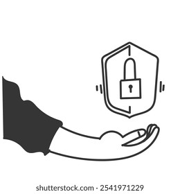 hand drawing doodle hand holding shield with padlock illustration