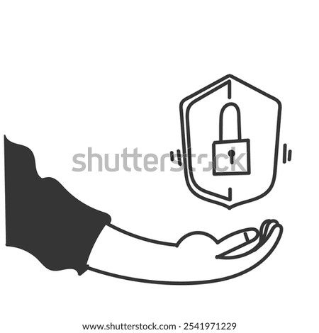 hand drawing doodle hand holding shield with padlock illustration