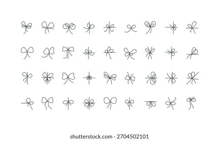 Tipo de nudos de doodle de dibujo a mano en cuerda en forma diferente, arco de cuerda negro delgado en el centro o en la esquina Ilustración vectorial Arco de cinta para caja de regalo, tarjeta de cumpleaños, conjunto de iconos de línea de paquete presente.