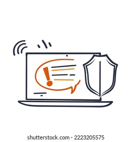 hand drawing doodle laptop with shield and exclamation point vector