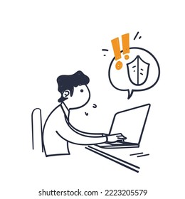 hand drawing doodle laptop with shield and exclamation point vector