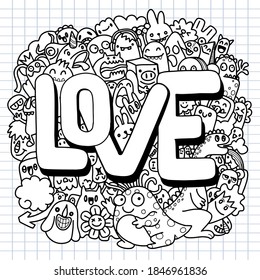 Hand drawing doodle monsters, illustration for coloring book ,Each on a separate layer.