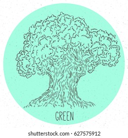 Hand drawing doodle oak tree in simple logo.