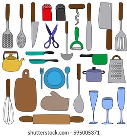 Hand drawing. Doodle. Set of kitchen. Icons