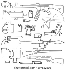 Hand drawing. Doodle. Set of weapons. For your design.