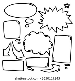 Hand drawing doodle speech bubbles, bursts, frames, and arrows collection. Vector illustration.
