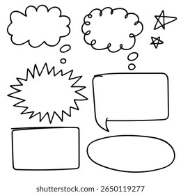 Hand drawing doodle speech bubbles, burst, and stars collection. Vector illustration.