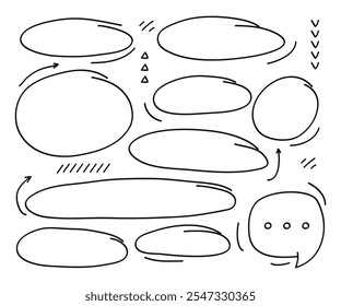 Mão desenho doodle estilo coleção de setas, bate-papo de bolhas, estrela e círculos coleção.Vetor ilustração