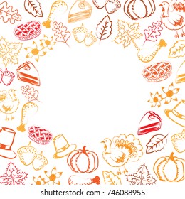 Hand drawing and doodle style vector and illustration of thanksgiving concept elements with copy space in red and orange color on white color background
