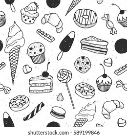 Hand drawing doodle sweet cakes, ice cream, desert  chocolate, lollipops seamless background.