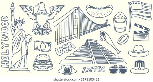 Hand drawing doodle travel elements trip to america and tourist equipment  bridge  liberty statue  eagle   american flag isolated white background 