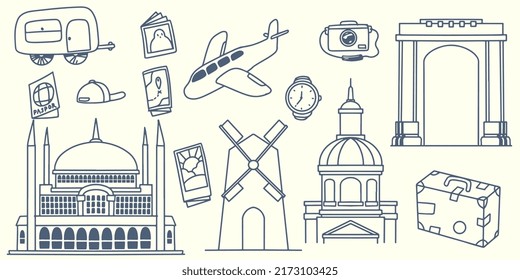 Hand drawing doodle travel elements trip to europe with tourist equipment, airplane, transportation, wind will, palace, big gate, map, camera and iconic europe landmark isolated on white background.