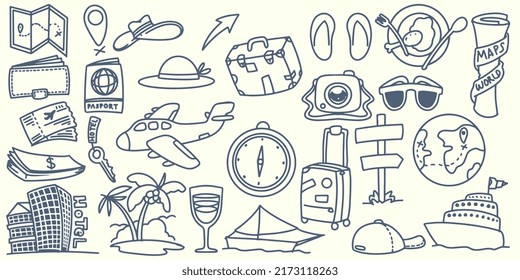 Hand drawing doodle travel elements trip to around the world with tourist equipment like map, hat, bag, clothes, camera, passport, money, ship, airplane, compass and hotel on white background