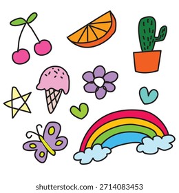 Hand drawing doodle vector cherry, Line, cactus, star, flower, rainbow, ice cream for pattern	
