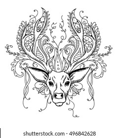 Hand drawing doodle of wild deer with antlers