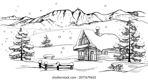 Hand drawing doodle winter landscape. A highlander cottage in the winter in the background of mountains. Christmas landscape. Vector graphics.