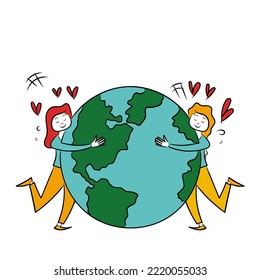 hand drawing doodle woman hugging earth globe illustration