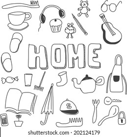 hand drawing doodles  of objects in home on white background