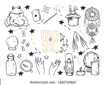 Hand drawing, doodles. Symbols of magic.Vector magic design elements set.