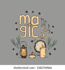 Hand drawing, doodles. Symbols of magic.Vector magic design elements.