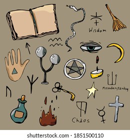 Hand drawing, doodles. Symbols of magic.Vector magic design elements set.