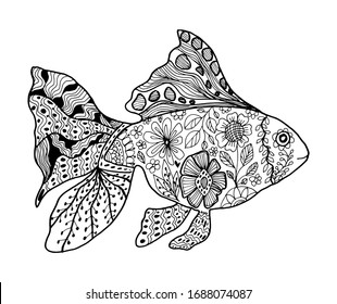 Hand drawing doodles and zentangle nautical art. Black and white fish vector illustration.