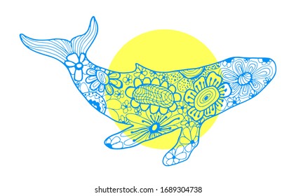 Hand drawing doodles and zentangle nautical art. Blue and yellow whale vector illustration.