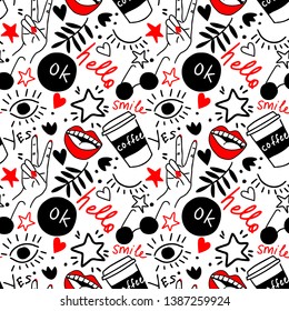 Hand drawing doodles.Seamless pattern with hand phrases and symbols.  Vector seamless background for prints, t-shirts, cards, clothes and accessories.