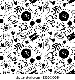 Hand drawing doodles.Seamless pattern with hand phrases and symbols.  Vector seamless background for prints, t-shirts, cards, clothes and accessories.