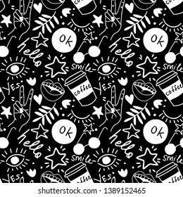 Hand drawing doodles.Seamless pattern with hand phrases and symbols.  Vector seamless background for prints, t-shirts, cards, clothes and accessories.