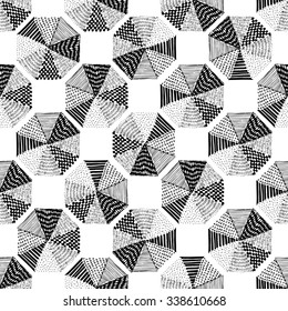 Hand drawing of dots and dashes, the cells and the grid, seamless pattern, background, art, graphic, schematic, black and white, line pattern. The shaded triangle.