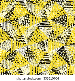 Hand drawing of dots and dashes, the cells and the grid, yellow seamless pattern, background, art, graphic, schematic, black and white, line pattern. The shaded triangle.