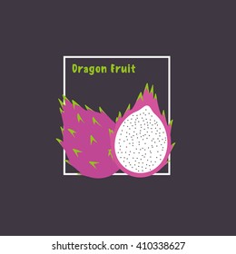 Hand drawing dragon fruit with slice on dark background. Exotic tropical fruit. Flat design icon, isolated object. Vector illustration.